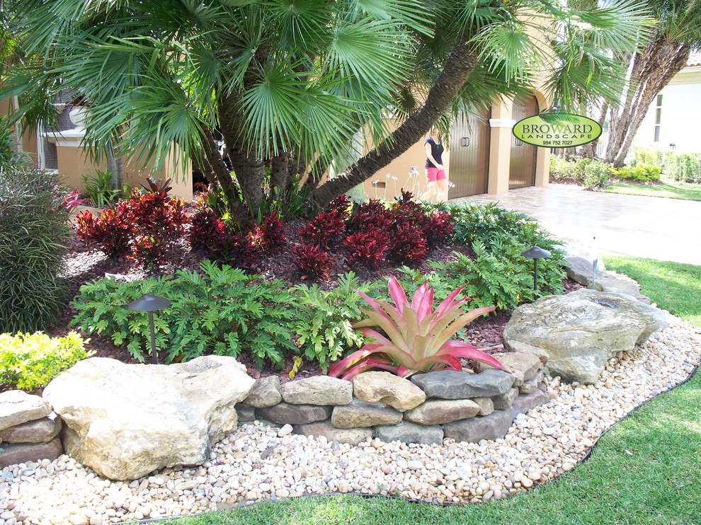 Diseño de jardín de secano exótico en patio delantero con exposición total al sol y gravilla