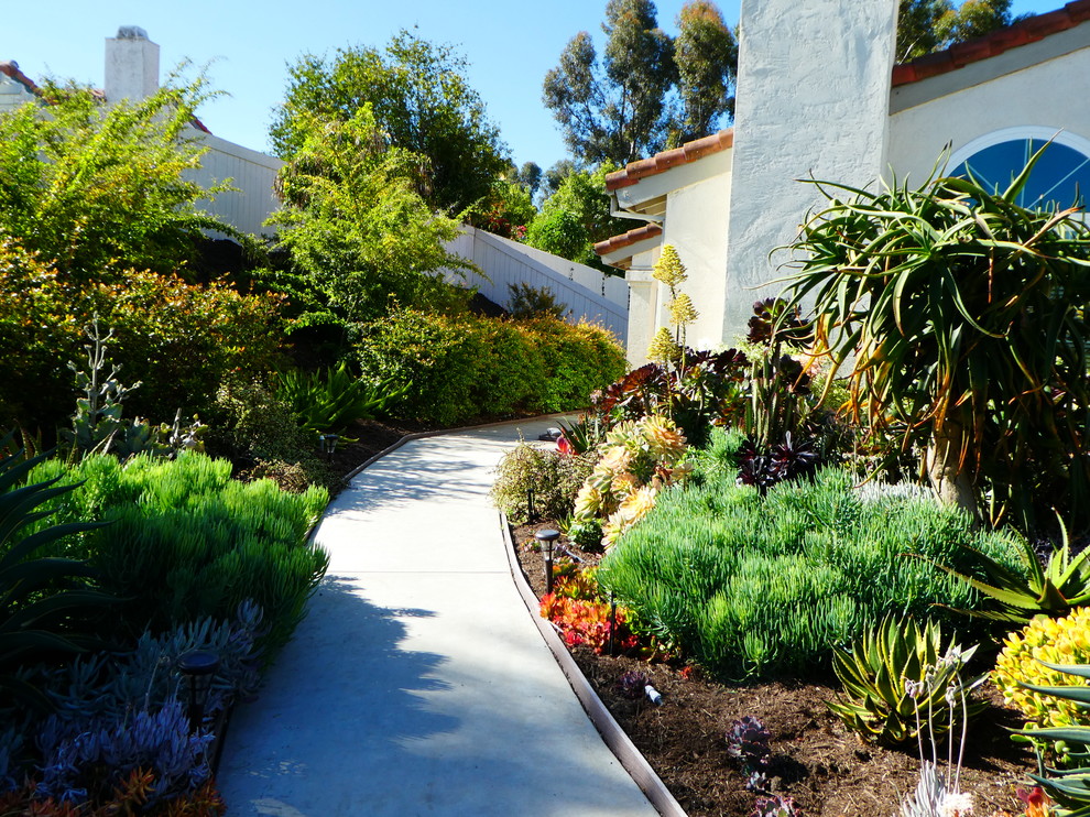 На фото: большой солнечный засухоустойчивый сад на переднем дворе в морском стиле с садовой дорожкой или калиткой и хорошей освещенностью с