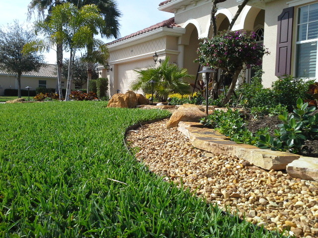 Mittelgroßer Vorgarten mit Auffahrt, direkter Sonneneinstrahlung und Pflastersteinen in Tampa