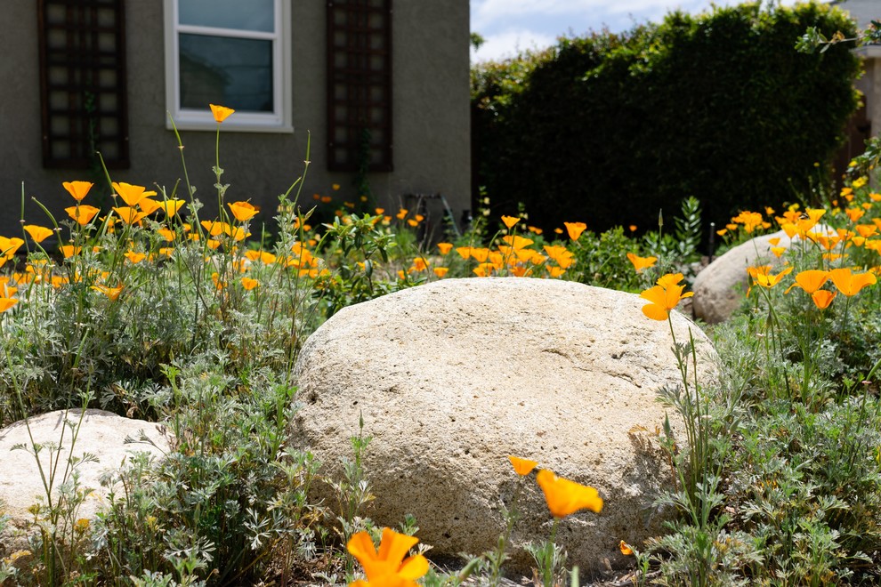 Inspiration for a mid-sized traditional full sun front yard stone landscaping in San Diego for spring.