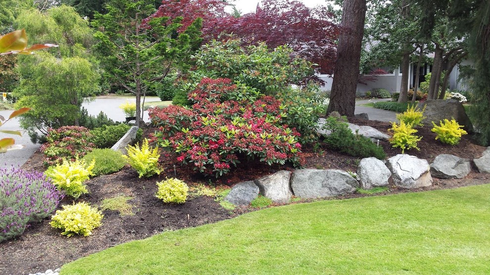 Photo of a mid-sized traditional partial sun front yard mulch landscaping in Vancouver.