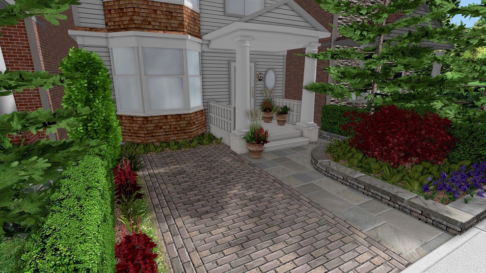 Идея дизайна: участок и сад на переднем дворе в стиле фьюжн с подъездной дорогой, полуденной тенью и мощением тротуарной плиткой