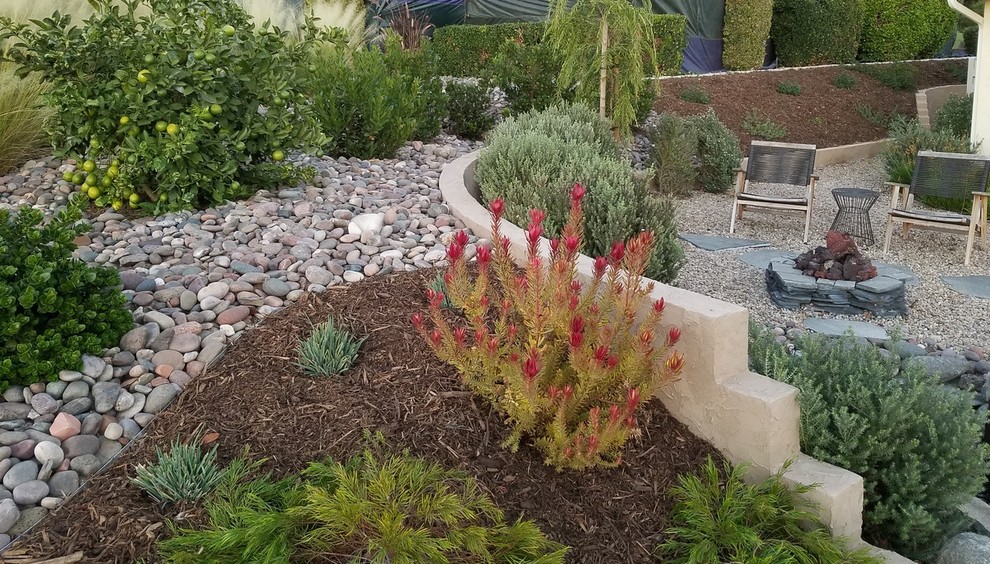 Photo of a mid-sized mediterranean drought-tolerant and full sun front yard concrete paver garden path in San Diego.