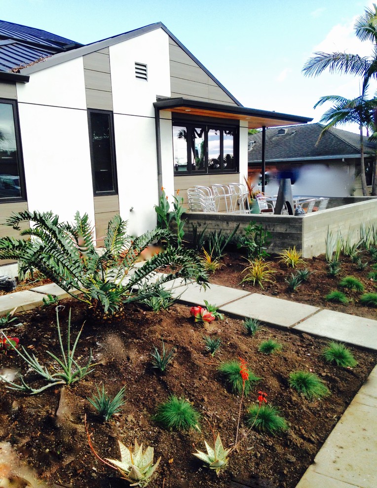 На фото: маленький солнечный засухоустойчивый сад на переднем дворе в стиле модернизм с хорошей освещенностью и мощением тротуарной плиткой для на участке и в саду