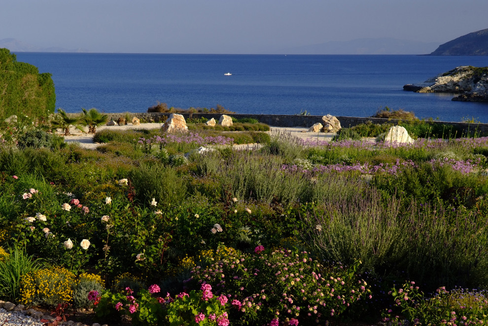 Immagine di un giardino costiero esposto in pieno sole dietro casa