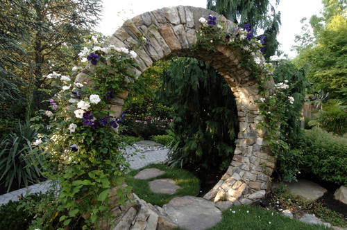 Stone moon gate with flowers