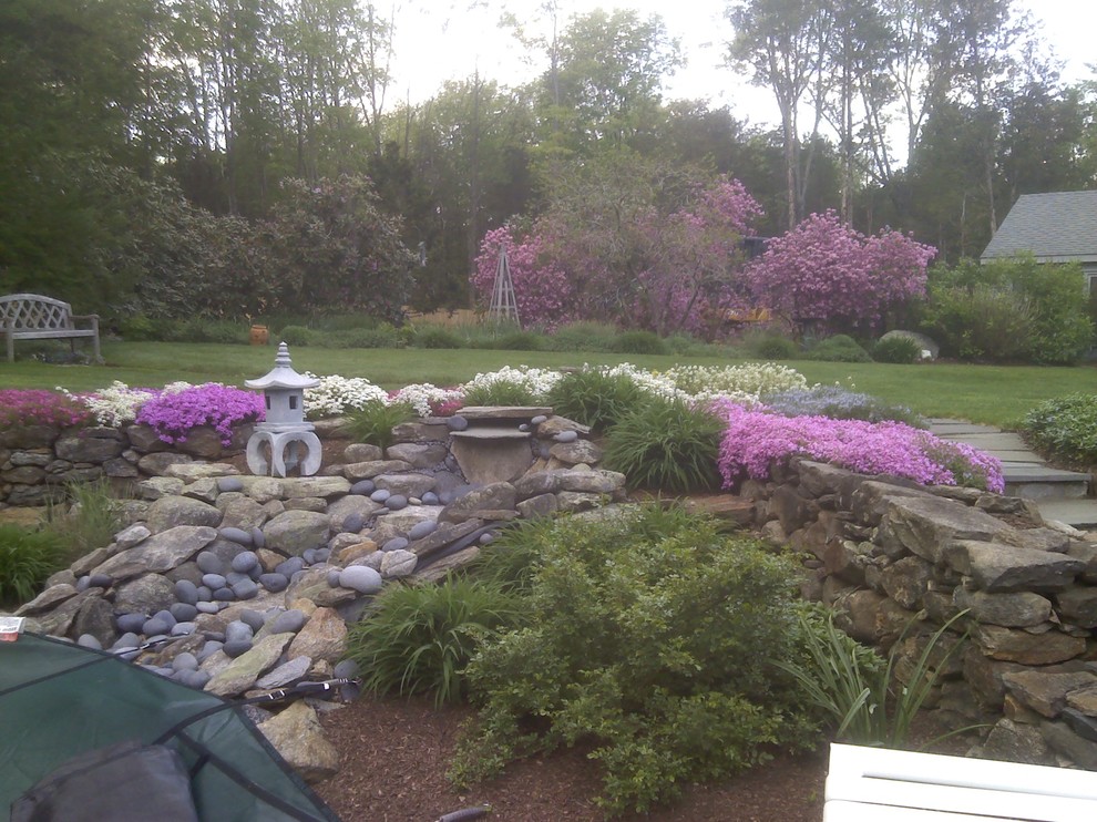Immagine di un giardino minimal esposto in pieno sole di medie dimensioni e dietro casa in estate con fontane