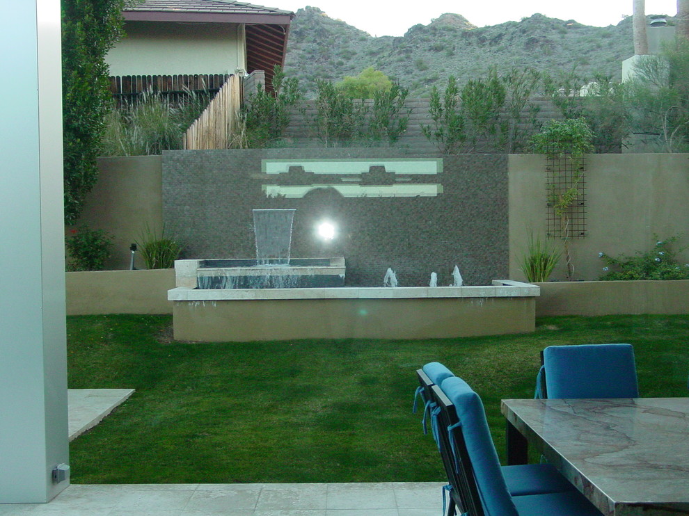 Idee per un giardino formale minimalista esposto in pieno sole di medie dimensioni e dietro casa in primavera con un focolare e pavimentazioni in cemento