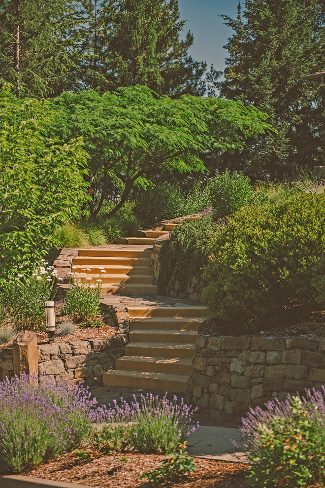 Cette image montre un jardin avant design de taille moyenne et l'été avec des pavés en pierre naturelle et une exposition partiellement ombragée.