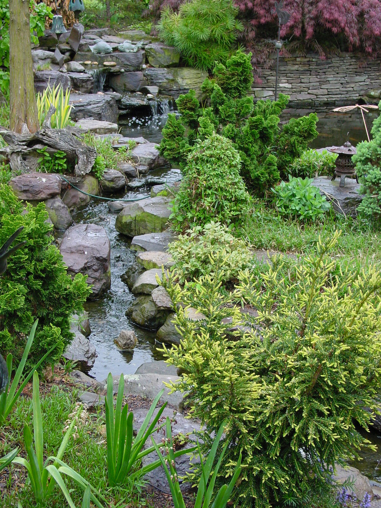 Esempio di un giardino classico esposto a mezz'ombra di medie dimensioni e dietro casa con fontane e pavimentazioni in pietra naturale