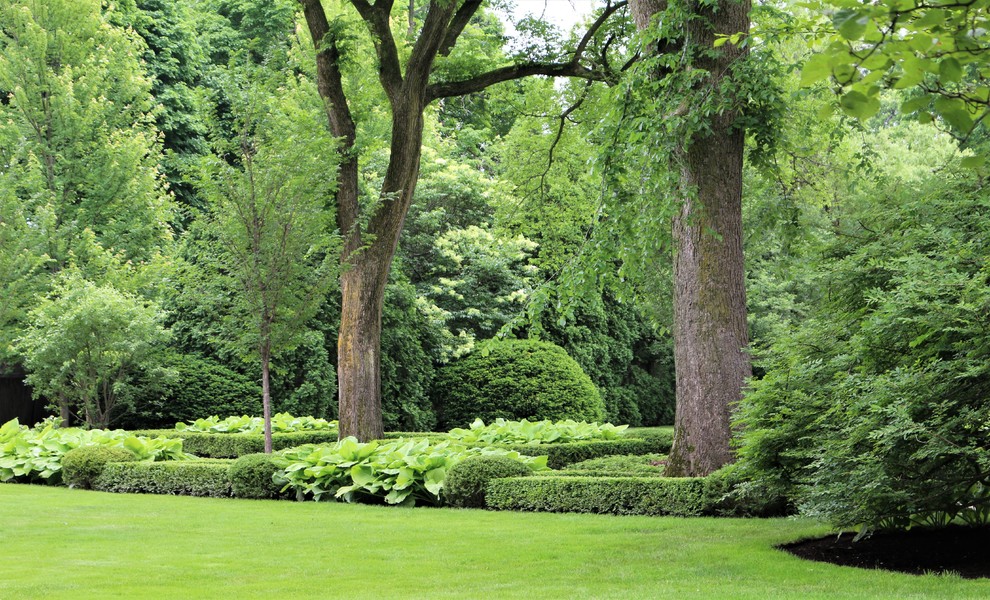 Idées déco pour un grand jardin avant classique l'été avec une exposition partiellement ombragée.