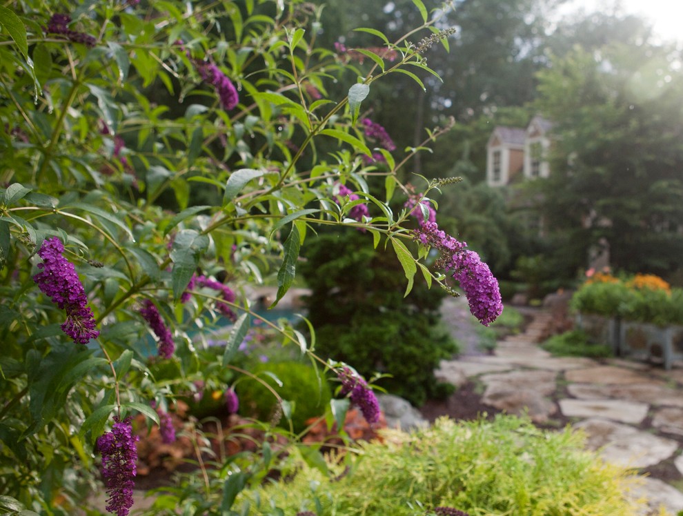 Geometrischer, Mittelgroßer Klassischer Garten im Sommer, hinter dem Haus mit direkter Sonneneinstrahlung und Natursteinplatten in New York