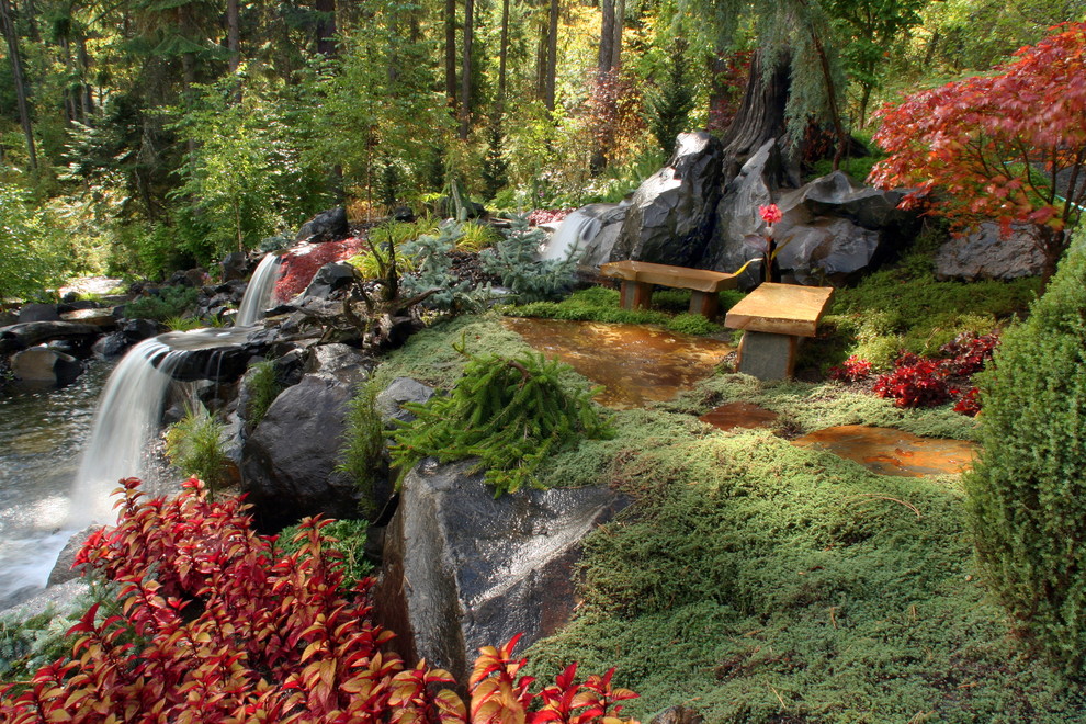 Cette image montre un jardin bohème avec une exposition ombragée et des pavés en pierre naturelle.