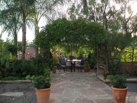 Exemple d'un grand jardin arrière méditerranéen au printemps avec une exposition ensoleillée, des pavés en pierre naturelle et une clôture en pierre.