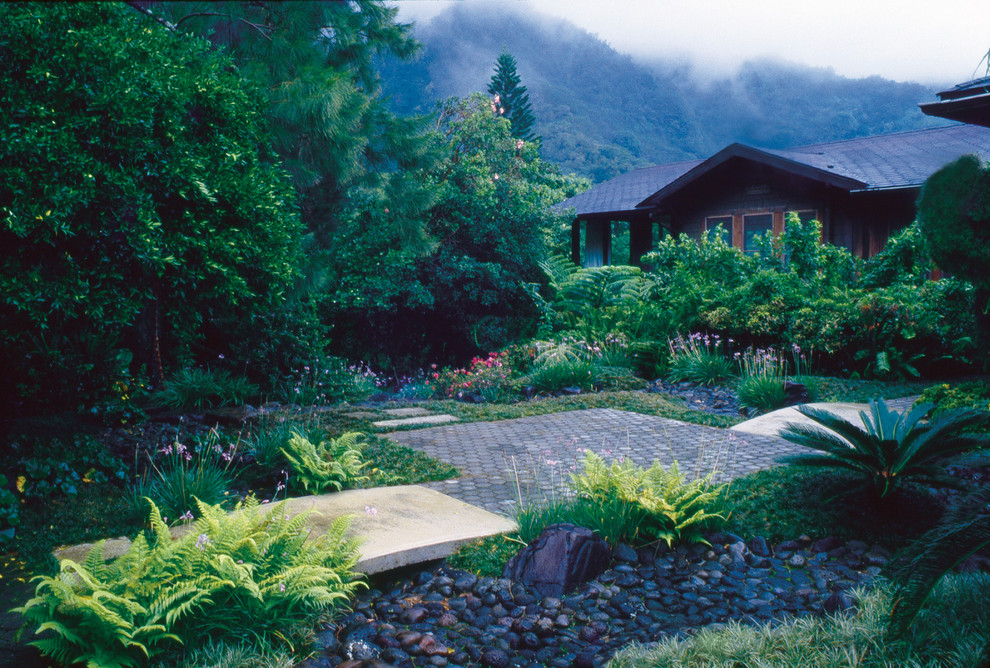 Immagine di un grande giardino tropicale esposto a mezz'ombra dietro casa con un ingresso o sentiero e pavimentazioni in cemento
