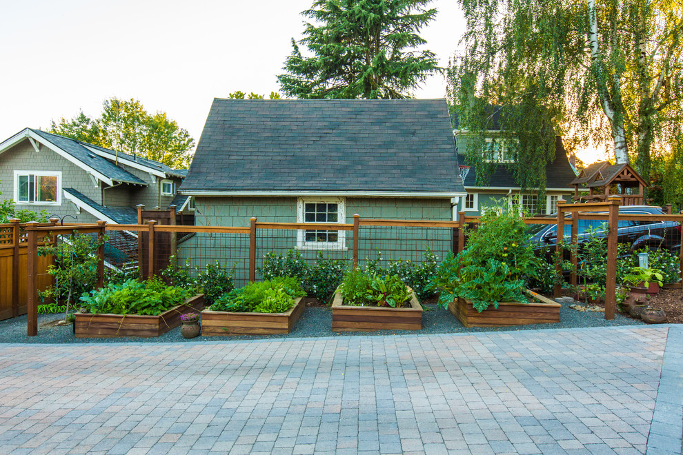 Свежая идея для дизайна: солнечный огород на участке среднего размера на боковом дворе в стиле модернизм с подъездной дорогой, хорошей освещенностью и мощением клинкерной брусчаткой - отличное фото интерьера