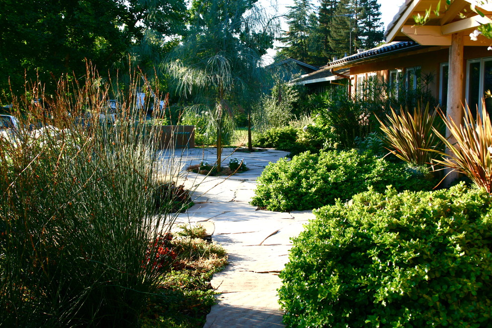 Inspiration for a mediterranean front yard stone landscaping in Sacramento.