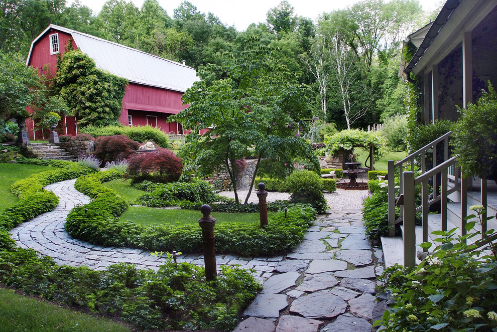 Идея дизайна: участок и сад на заднем дворе в стиле кантри с покрытием из каменной брусчатки