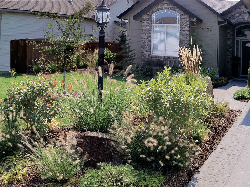 Mittelgroßer, Halbschattiger Moderner Vorgarten im Sommer mit Mulch und Auffahrt in Boise
