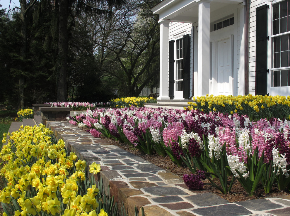 Foto di un giardino chic esposto in pieno sole davanti casa in primavera con pavimentazioni in pietra naturale