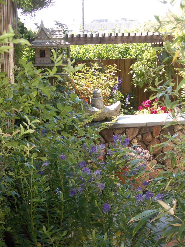 Exemple d'un petit jardin arrière asiatique avec une exposition ensoleillée et des pavés en pierre naturelle.