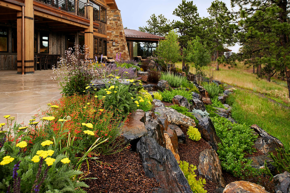 Foto di un ampio giardino xeriscape eclettico con un pendio, una collina o una riva e pavimentazioni in pietra naturale
