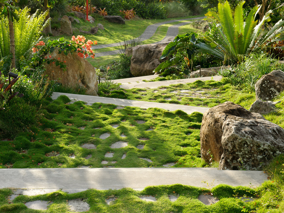 Bild på en tropisk trädgård i skuggan, med naturstensplattor
