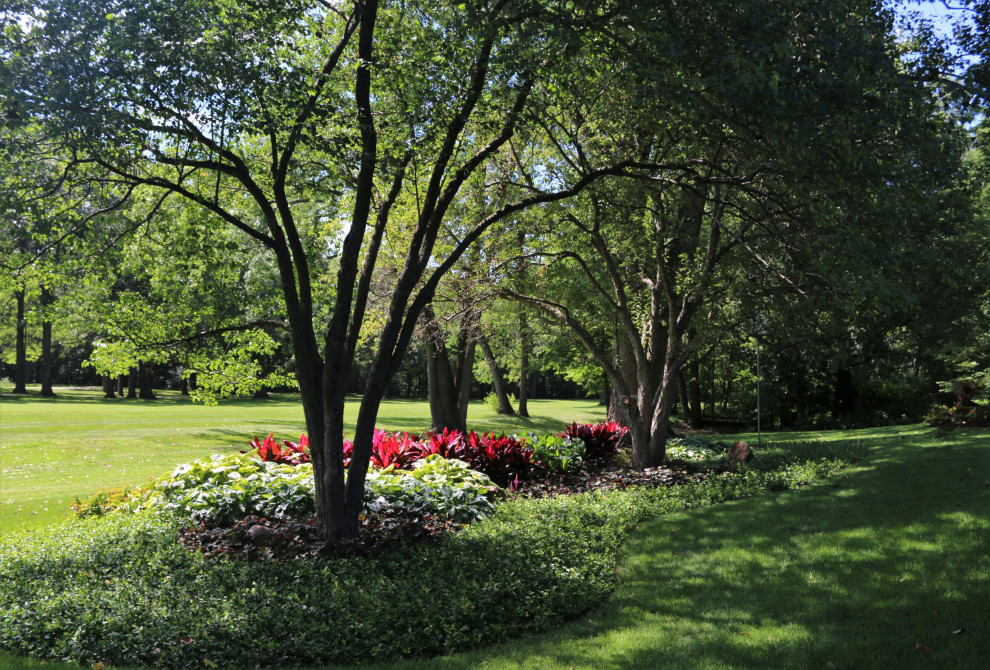 Foto de jardín clásico grande en verano en patio trasero con parterre de flores y exposición parcial al sol