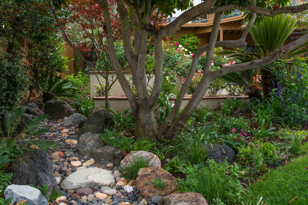 Imagen de jardín de secano tradicional en patio trasero con exposición reducida al sol y adoquines de ladrillo