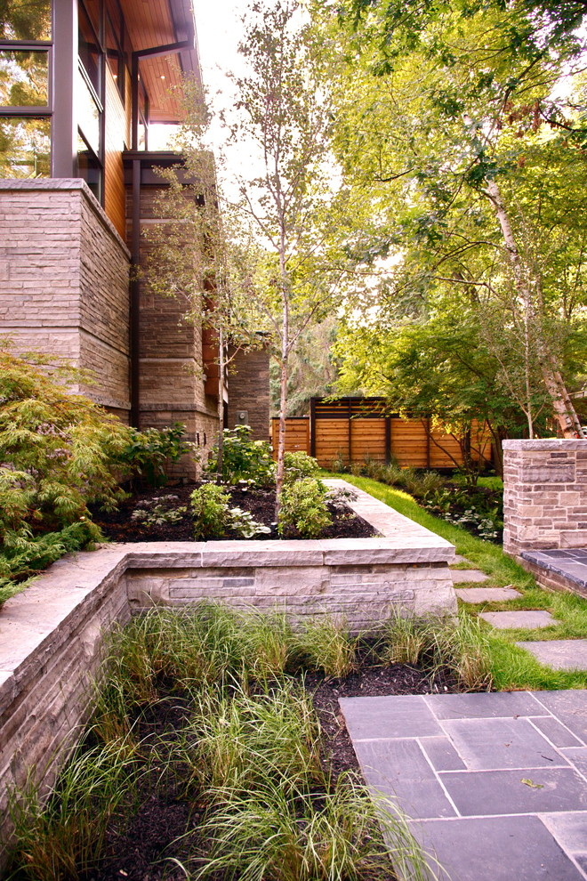 Esempio di un grande giardino minimal in ombra nel cortile laterale in estate con un muro di contenimento e pavimentazioni in pietra naturale