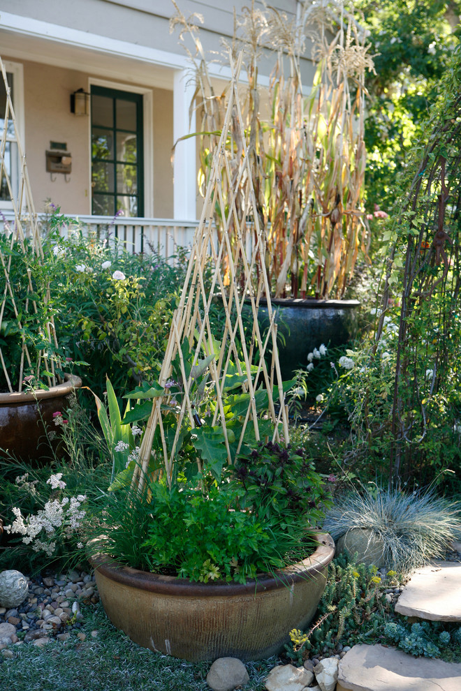 Ispirazione per un giardino chic esposto a mezz'ombra davanti casa e di medie dimensioni con un giardino in vaso e ghiaia