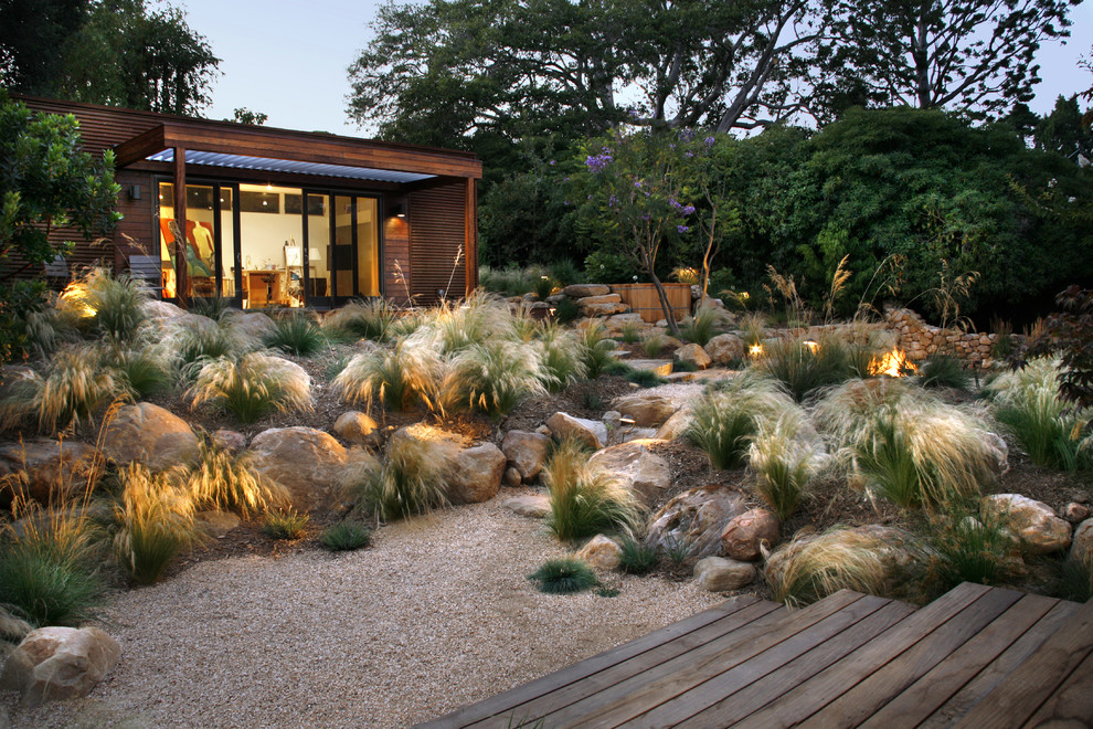 Design ideas for a large contemporary drought-tolerant and full sun backyard gravel garden path in Santa Barbara.
