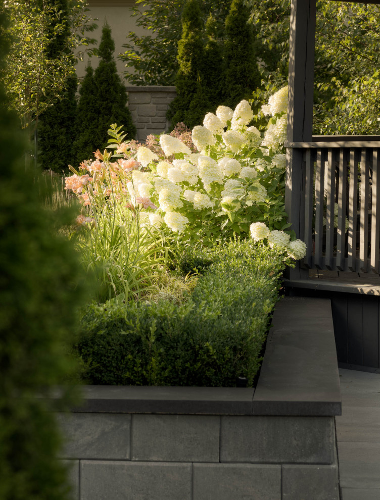 Geometrischer, Geräumiger Moderner Garten im Sommer, hinter dem Haus mit Hochbeet, direkter Sonneneinstrahlung und Betonboden in Toronto
