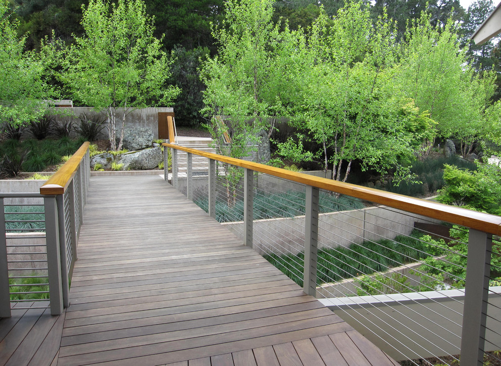 Cette photo montre un jardin arrière tendance avec une terrasse en bois.