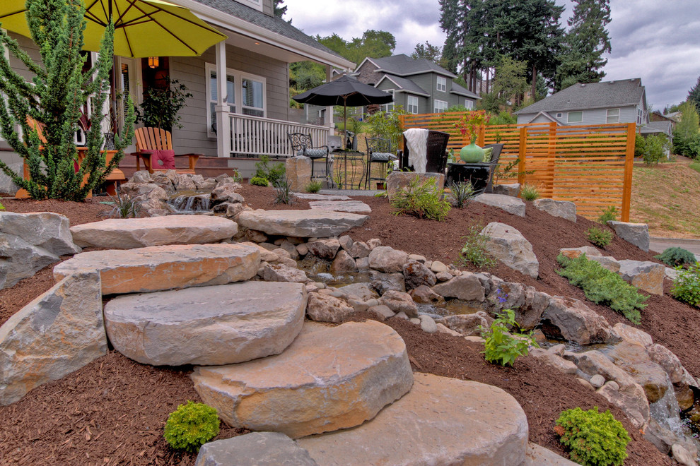 Gravel Courtyad Water Fall Slab Stone Steps Privacy Screens Traditional Landscape Portland By Paradise Restored Landscaping Exterior Design Houzz