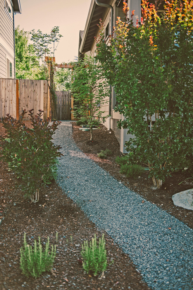 Idee per un giardino xeriscape minimalista esposto a mezz'ombra di medie dimensioni e nel cortile laterale in estate con un ingresso o sentiero e ghiaia