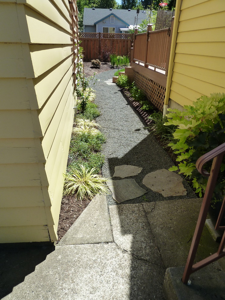 Inspiration for a small traditional side yard gravel garden path in Portland.