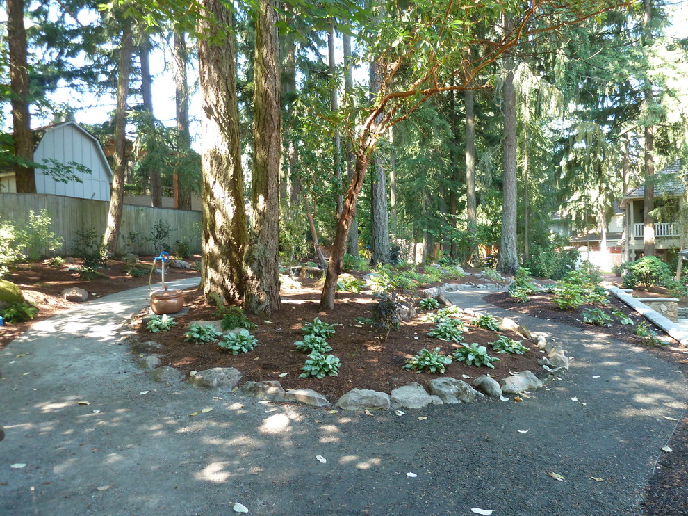 Photo of a mid-sized traditional partial sun backyard gravel garden path in Portland for spring.