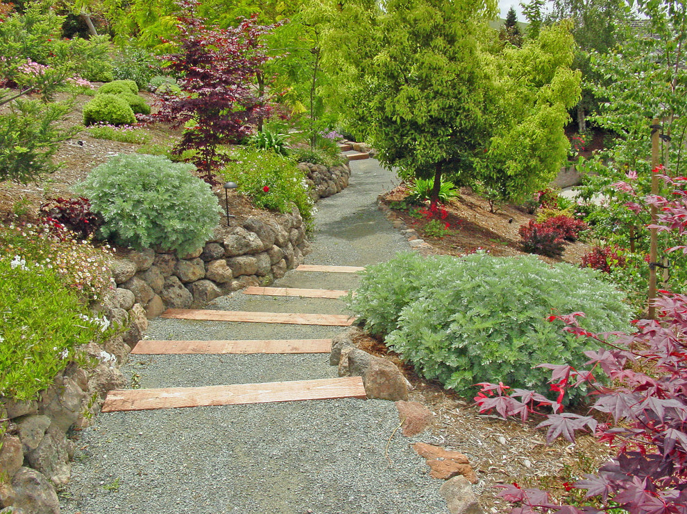 Esempio di un grande giardino classico esposto in pieno sole dietro casa in primavera con pavimentazioni in pietra naturale e una cascata