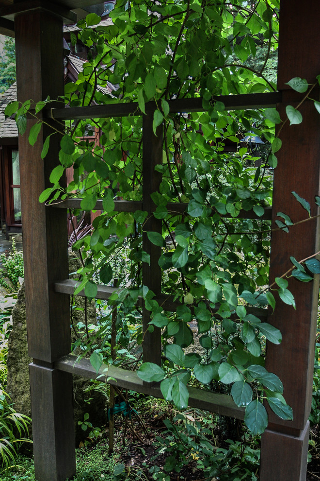 Idées déco pour un petit jardin arrière asiatique l'été avec une exposition ombragée et du gravier.