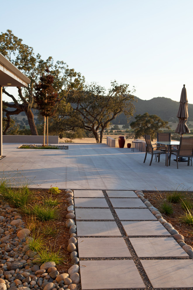 Cette image montre un très grand jardin arrière minimaliste avec une exposition ensoleillée et des pavés en béton.