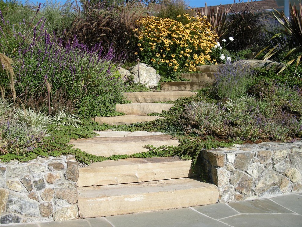 Foto di un giardino chic con un pendio, una collina o una riva, pavimentazioni in pietra naturale e scale
