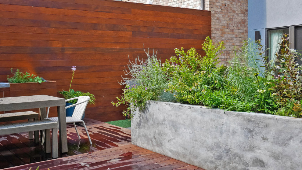 Photo of a small contemporary back private full sun garden in New York with decking.