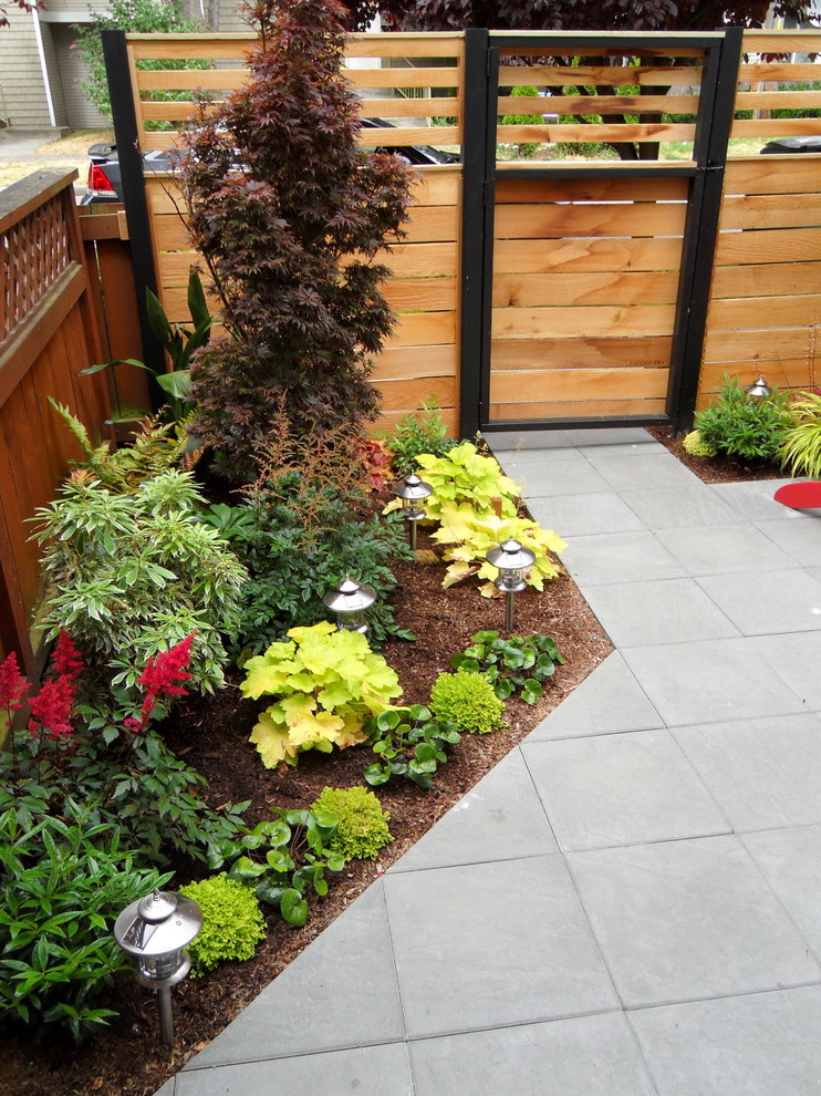This is an example of a small modern back partial sun garden for spring in Seattle with an outdoor sport court and concrete paving.