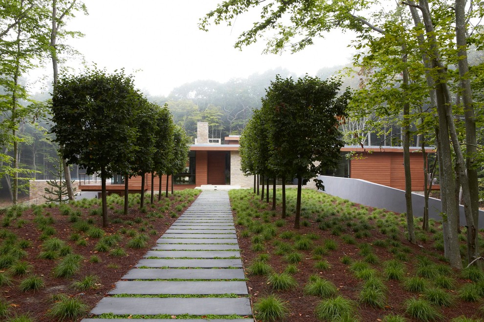 Foto di un grande giardino moderno esposto a mezz'ombra davanti casa con un ingresso o sentiero e pavimentazioni in pietra naturale