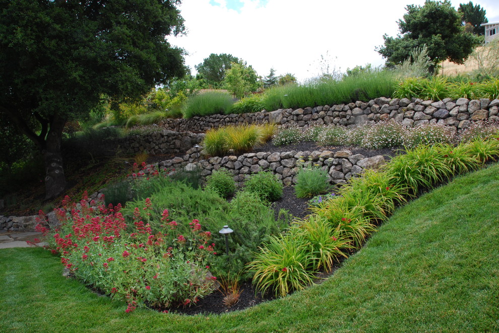 Esempio di un giardino tradizionale con un pendio, una collina o una riva