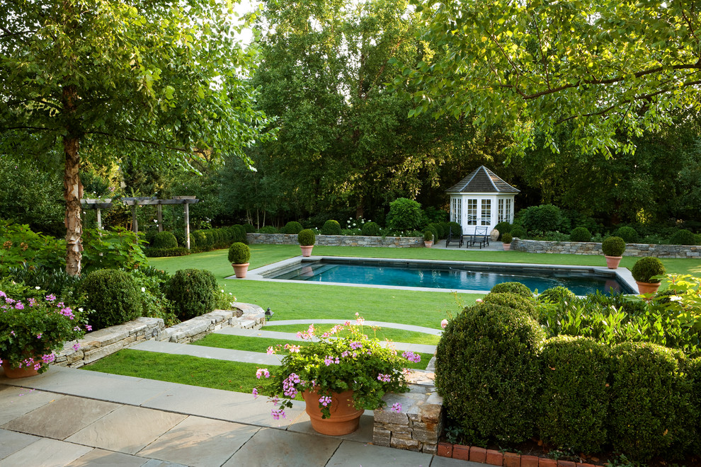 Foto di un grande giardino formale tradizionale esposto in pieno sole dietro casa in primavera con un giardino in vaso e pavimentazioni in pietra naturale