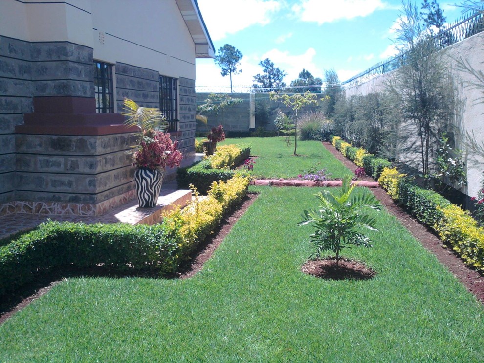 Cette image montre un jardin arrière minimaliste de taille moyenne avec une exposition ensoleillée et des pavés en béton.