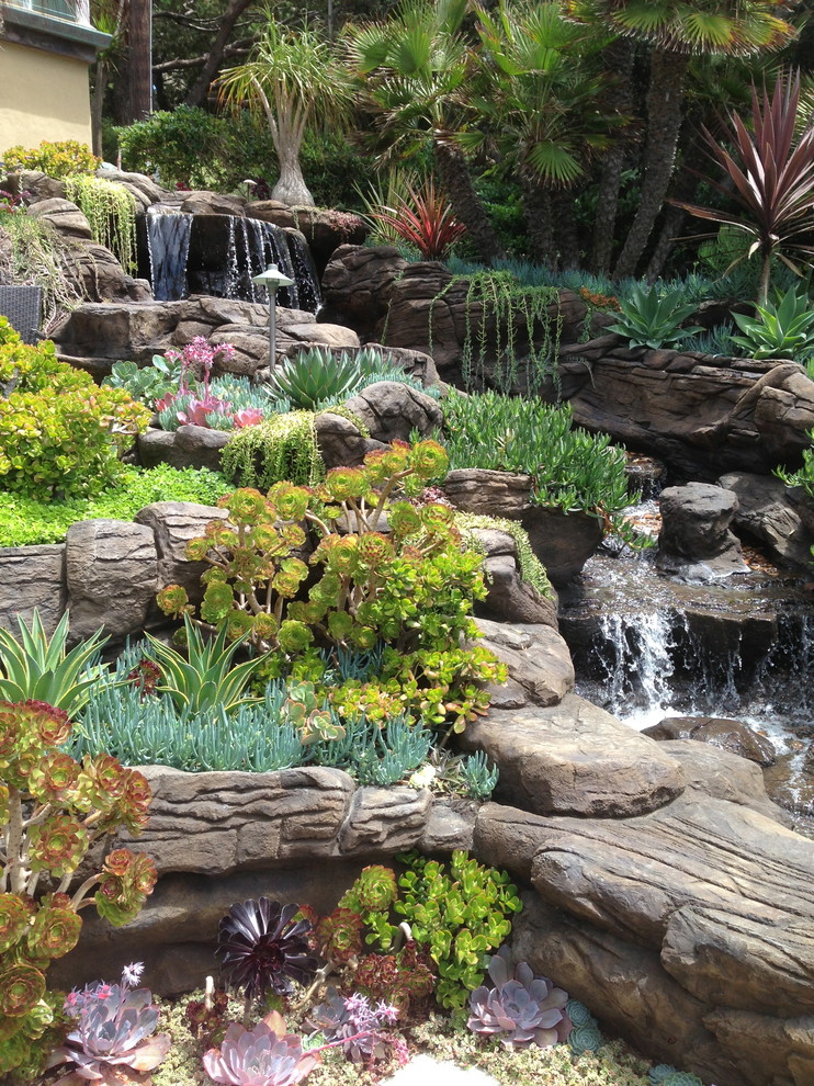 Immagine di un giardino tropicale esposto in pieno sole con fontane