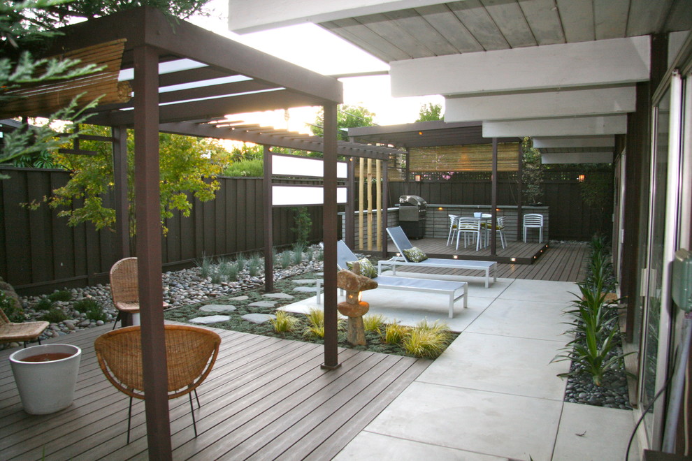 На фото: засухоустойчивый сад среднего размера на заднем дворе в стиле модернизм с настилом и с перголой с